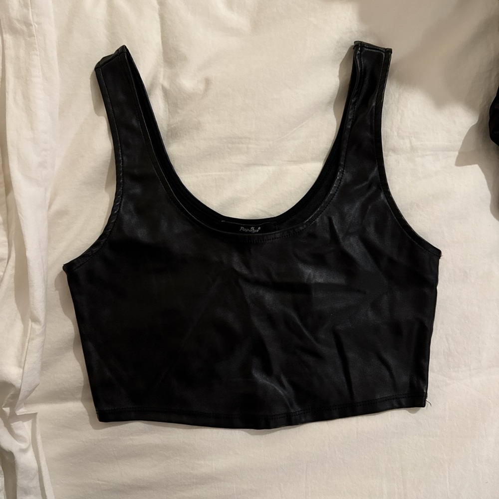 Black leather crop tank top